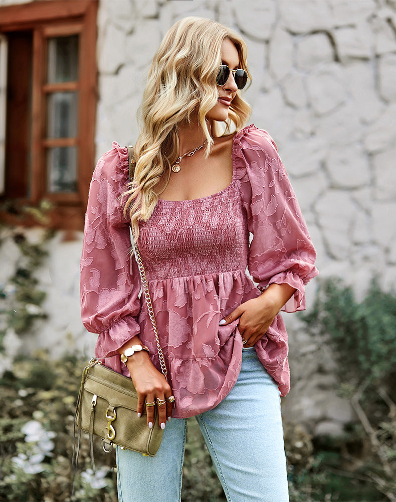 Elegant U-Neck Long Sleeve Lace Top Blouse