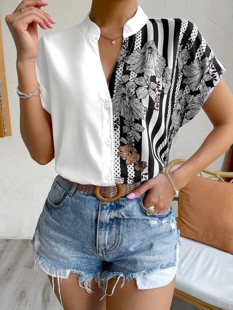 Fashion V-Neck Printed Short Sleeve Buttoned Shirt