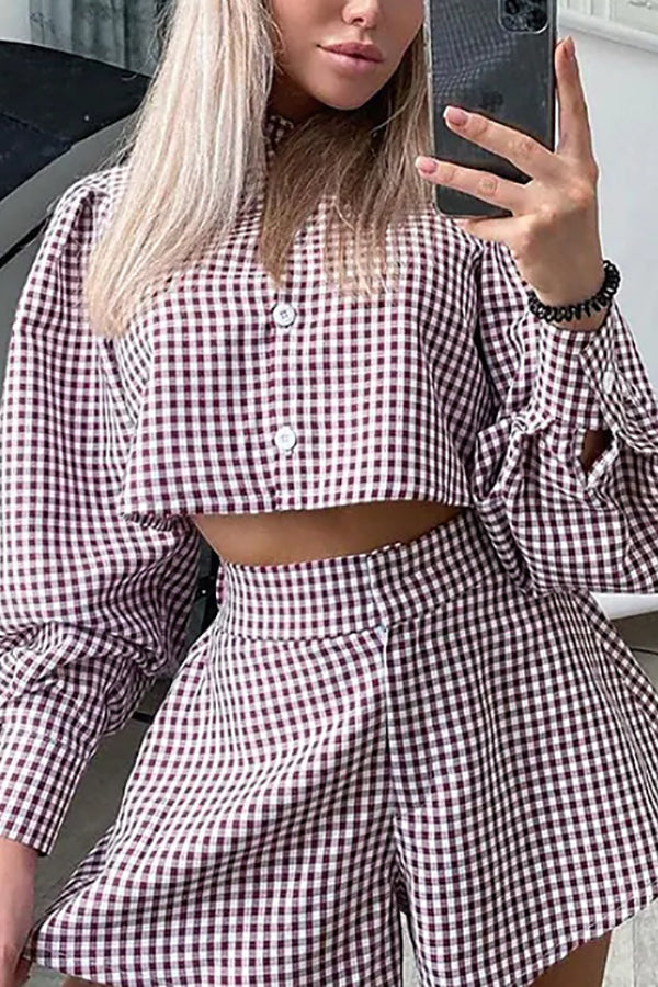 Plaid Button Crop Shirt Shorts Set