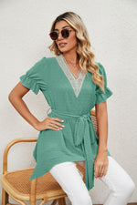 V-Neck Short Ruffle Sleeve Belted Solid Blouse