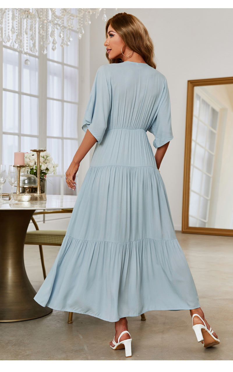 Elegant V Neck Short Sleeve Maxi Dress