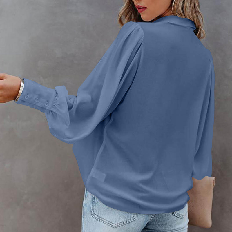 Casual V Neck Wide Long Sleeve Blouse