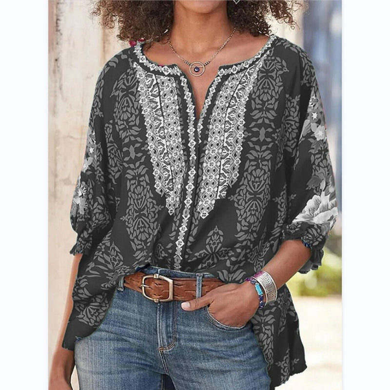 Fashion Scoop Neck 3/4 Sleeve Print Blouse Top