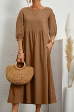 Casual 3/4 Sleeve Round Neck Pleated Maxi Dress