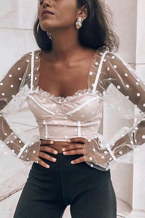 Dot See Though Long Sleeve Crop Top