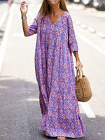 Retro Pattern Printed Half Sleeve V-Neck Dress 2022 Spring Summer Women Casual Loose Long Party Dresses Elegant Femme Maxi Dress