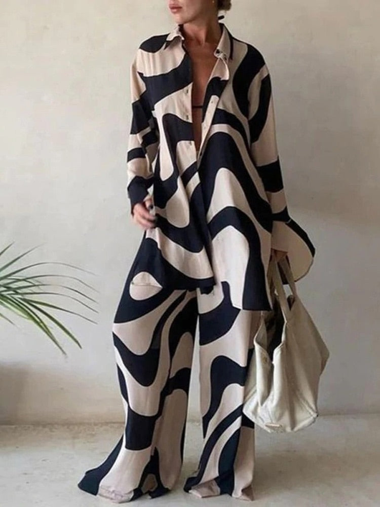 Two Piece Printed Loose Shirt Straight Pant Suit Set