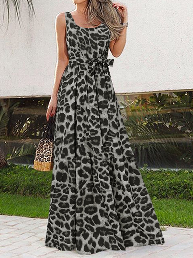 Summer Women Dress 2022 Elegant Party Sleeveless Maxi Dress Celmia Sexy Bohemian Leopard Print Vestidos Casual Swing Sundress