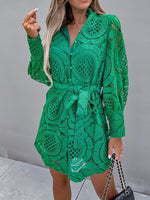 Sexy Lace Hollow Out Turn-down Collar Long Sleeve Dress