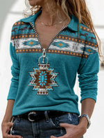 Casual Zipper Up Long Sleeve Printed Pullover Top