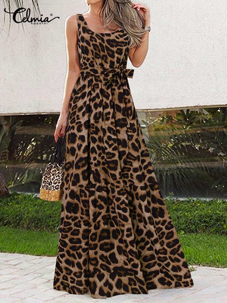 Summer Women Dress 2022 Elegant Party Sleeveless Maxi Dress Celmia Sexy Bohemian Leopard Print Vestidos Casual Swing Sundress