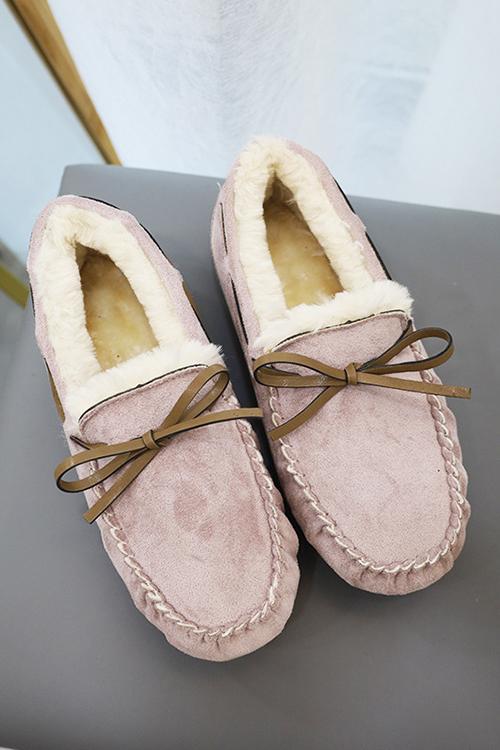 Fuzzy Faux Suede Bow Flats Moccasin Slipper