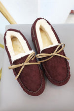 Fuzzy Faux Suede Bow Flats Moccasin Slipper