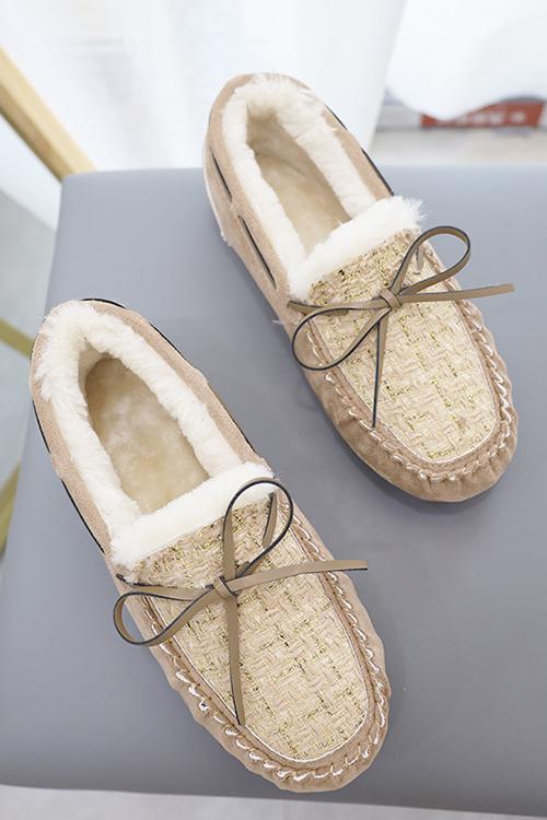 Fuzzy Faux Suede Bow Flats Moccasin Slipper