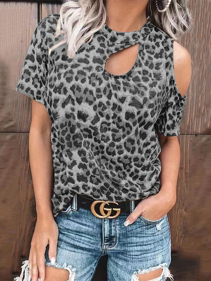 Women's T-Shirts Off Shoulder Leopard Print Cutout Short Sleeve T-Shirt