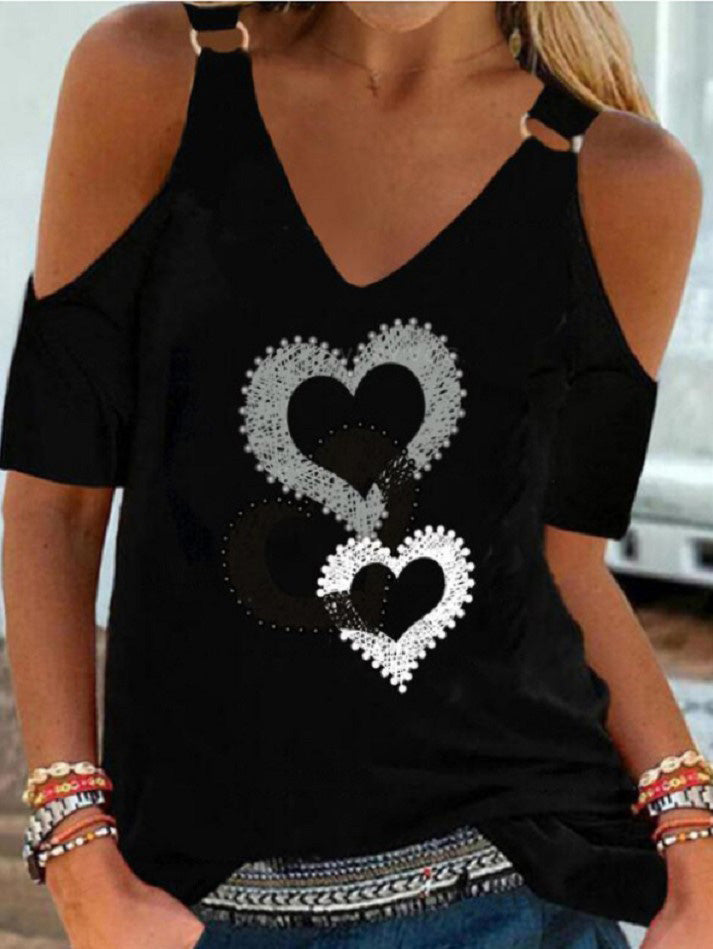 Women's T-Shirts Heart V-Neck Off-Shoulder T-Shirt