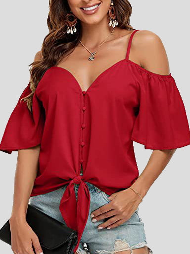 Women's Blouses Sling Single Breasted Knotted Off Shoulder Blouse