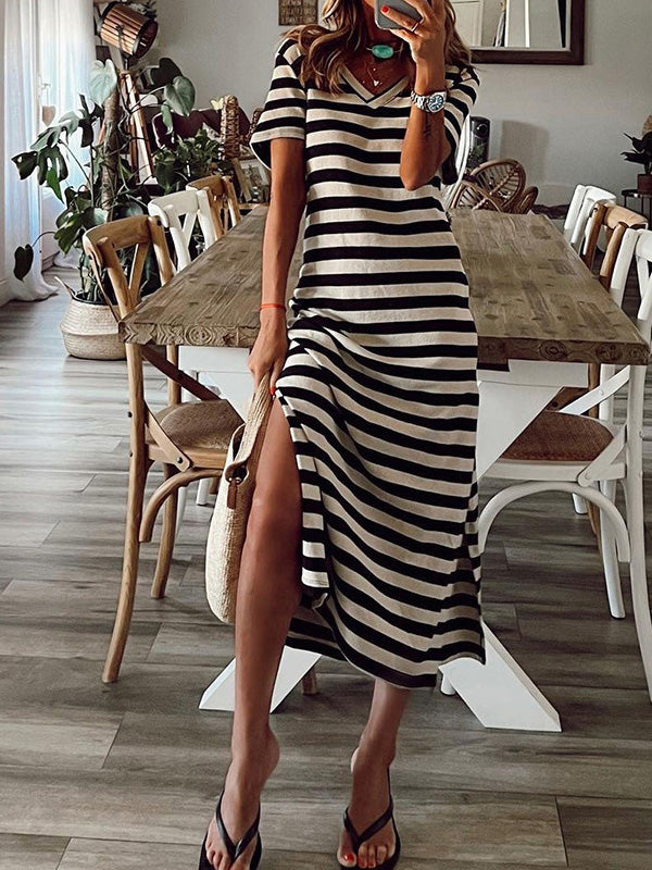 Women's Dresses Striped Print V-Neck Short Sleeve Slit Dress