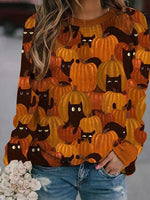 Women's T-Shirts Pumpkin Cat Print Crew Neck Long Sleeve T-Shirt