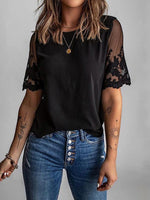 Women's T-Shirts Lace Stitching Round Neck Short Sleeve T-Shirt