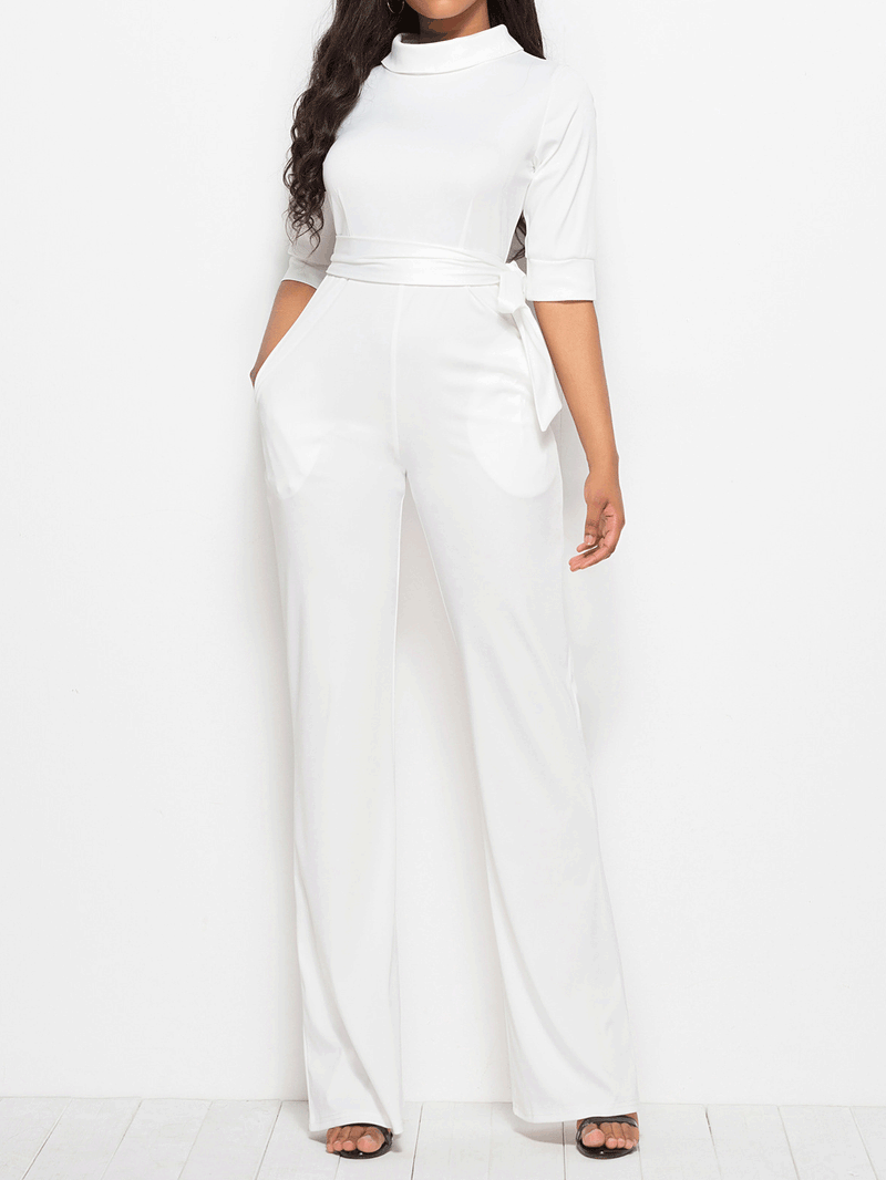 Women's  Jumpsuits Solid Half Sleeve Stand Collar Wide Leg Jumpsuit