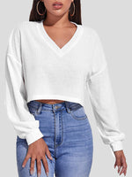 Women's T-Shirts Solid V-Neck Crop Long Sleeve Knit T-Shirt