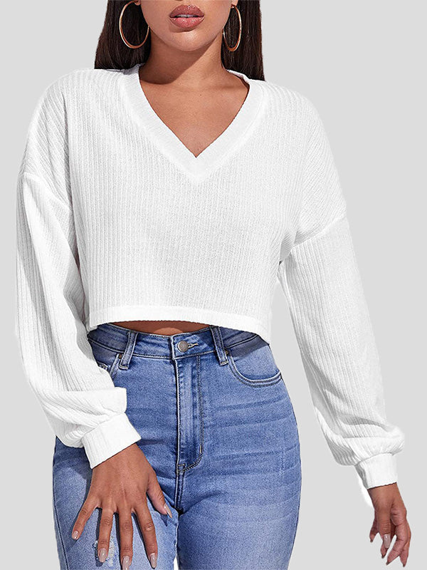 Women's T-Shirts Solid V-Neck Crop Long Sleeve Knit T-Shirt