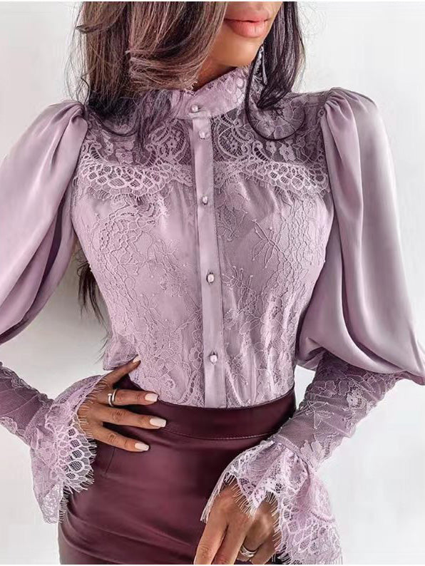 Women's Blouses Lace Panel Stand Collar Flare Sleeves Blouse