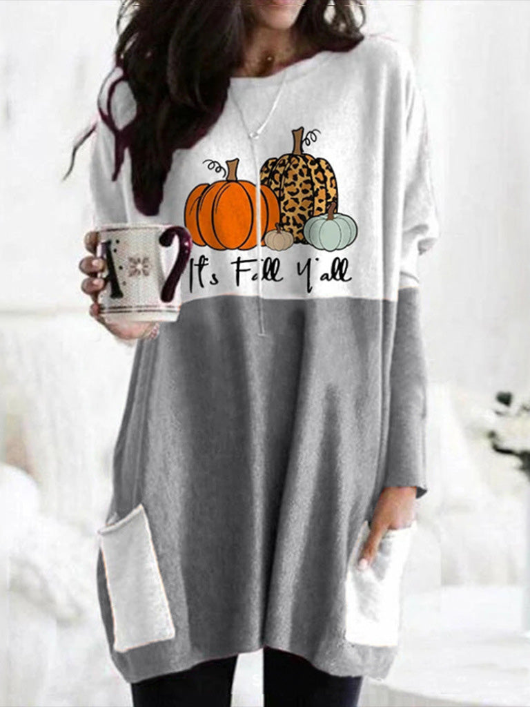 Women's T-Shirts Pumpkin Print Pocket Long Sleeve T-Shirt