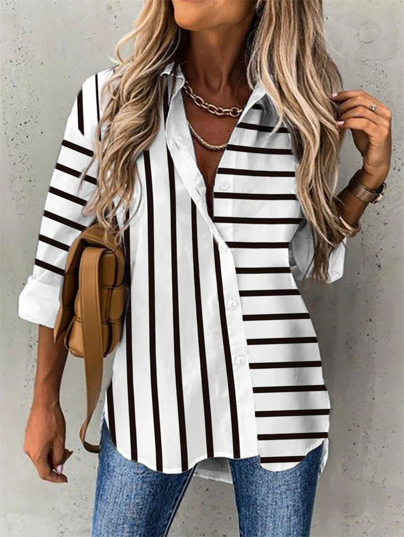 Women's Blouses Loose Striped Print Long Sleeve Blouse