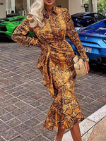 Women's Dresses Lapel Long Sleeve Fishtail Print Dress