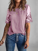 Women's T-Shirts Lace Stitching Round Neck Short Sleeve T-Shirt