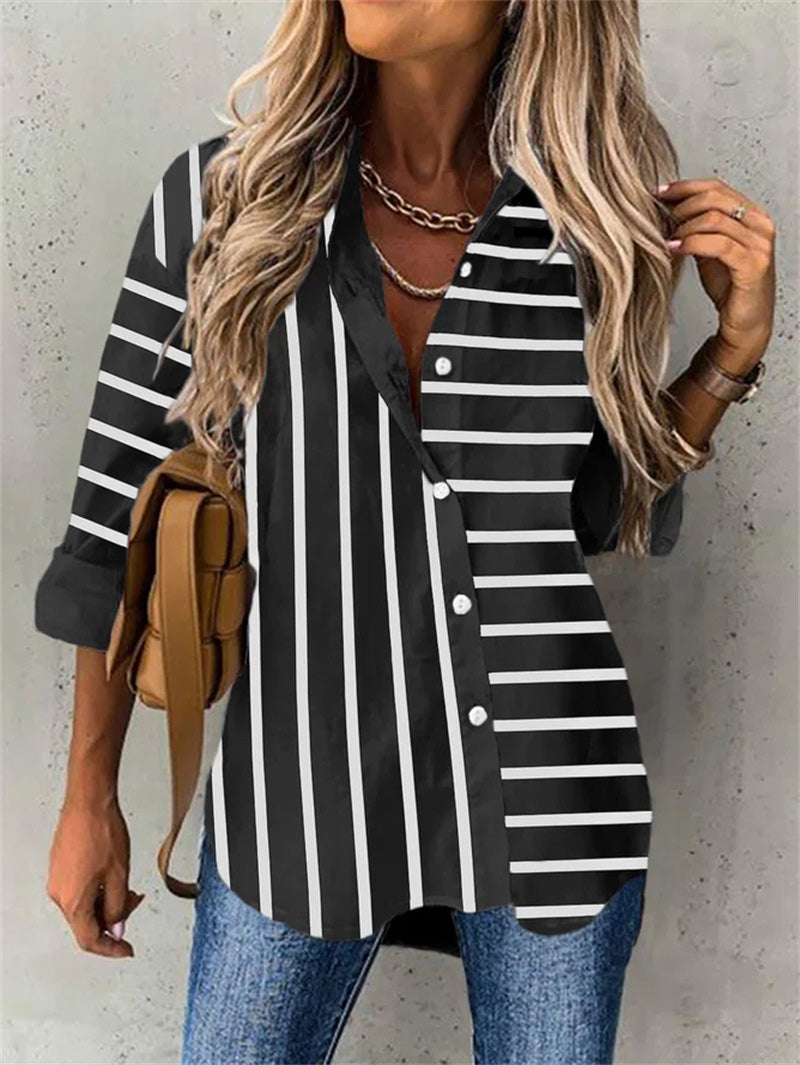 Women's Blouses Loose Striped Print Long Sleeve Blouse