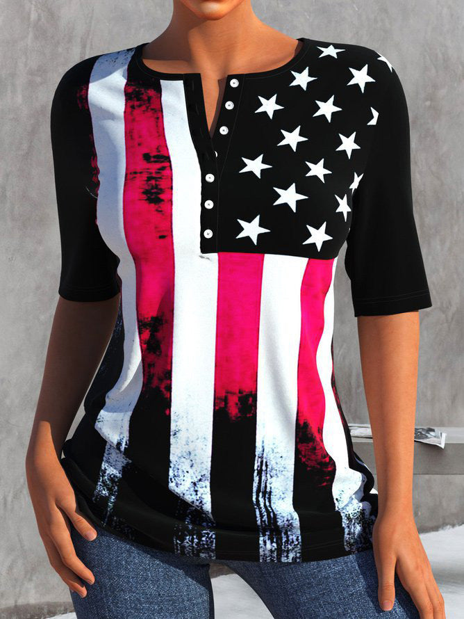 Women's T-Shirts Star Stripe Print Button Short Sleeve T-Shirt