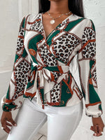 Women's Blouses V-Neck Chain Print Tie Long Sleeve Blouse