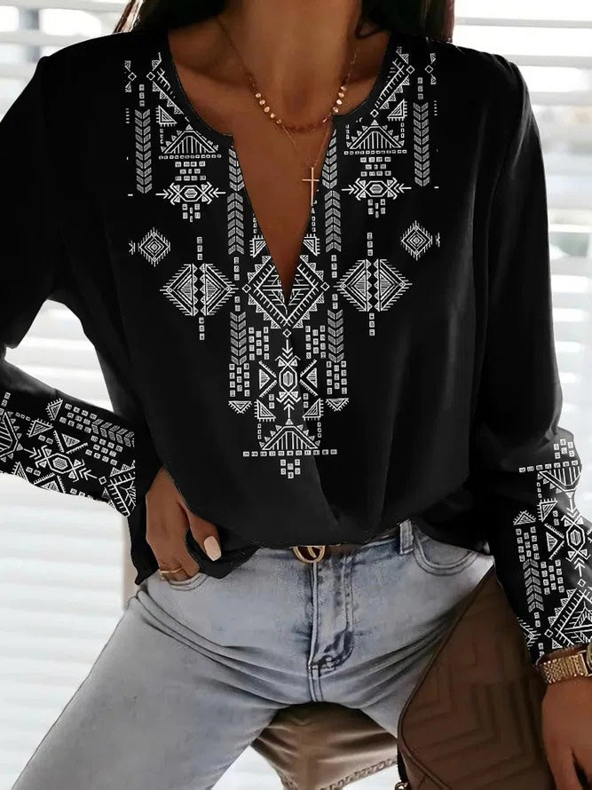 Women's T-Shirts Casual Printed V-Neck Long Sleeve T-Shirt