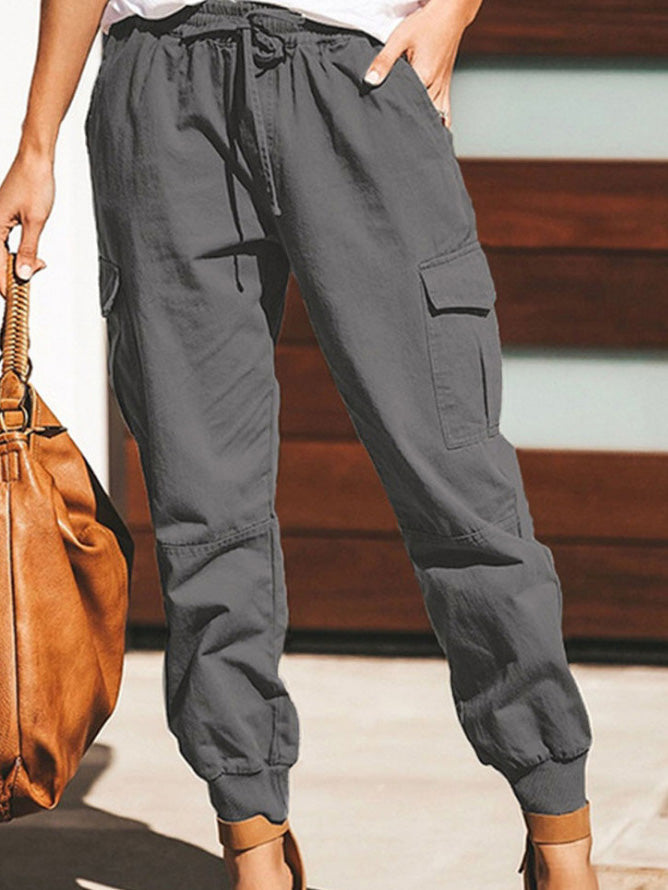 Women's Pants Solid Casual Pocket Belted Cargo Pants