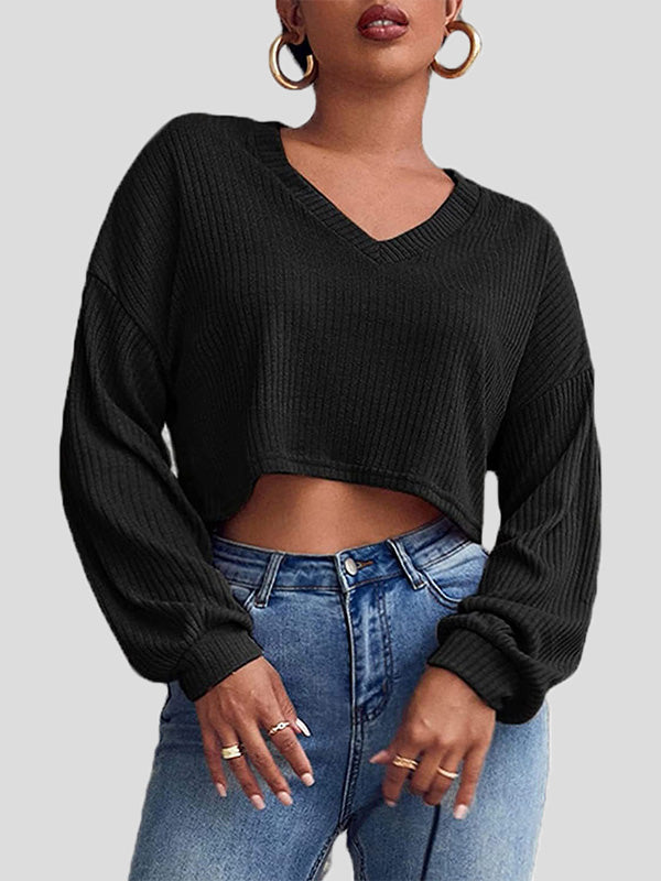 Women's T-Shirts Solid V-Neck Crop Long Sleeve Knit T-Shirt