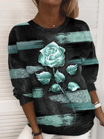 Women's T-Shirts Rose Print Round Neck Long Sleeve T-Shirt
