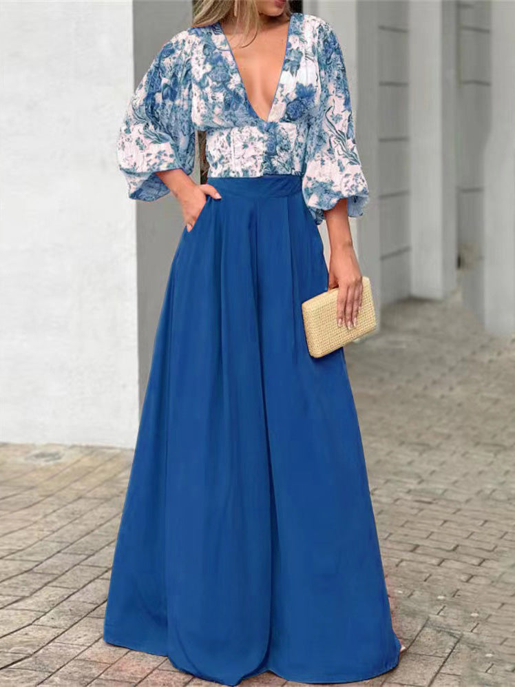 Women's Sets V-Neck Puff Sleeve Print Top & Wide Leg Pants Two-Piece Set