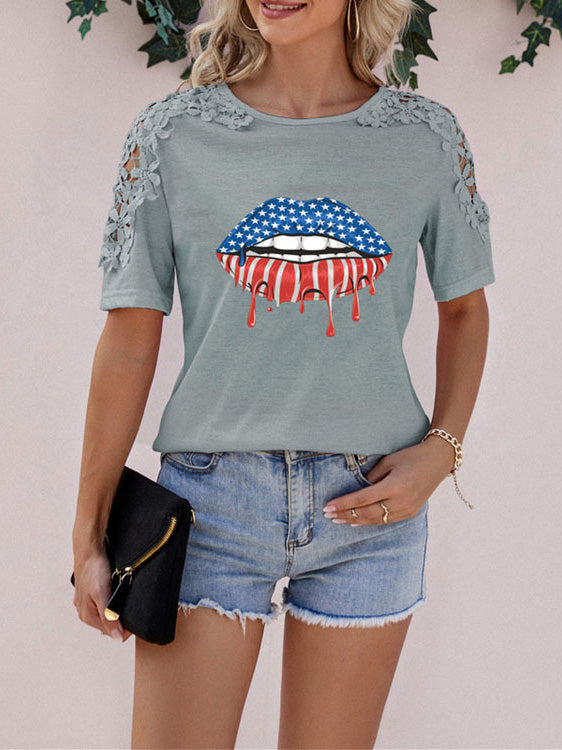 Women's T-Shirts Lips Printed Lace Panel Short Sleeve T-Shirt