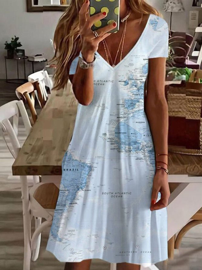 Women's Dresses Map Print V-Neck Short Sleeve Dress