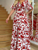 Women's Dresses V-Neck Print Hollow Maxi Dress