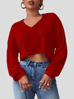 Women's T-Shirts Solid V-Neck Crop Long Sleeve Knit T-Shirt