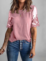 Women's T-Shirts Lace Stitching Round Neck Short Sleeve T-Shirt