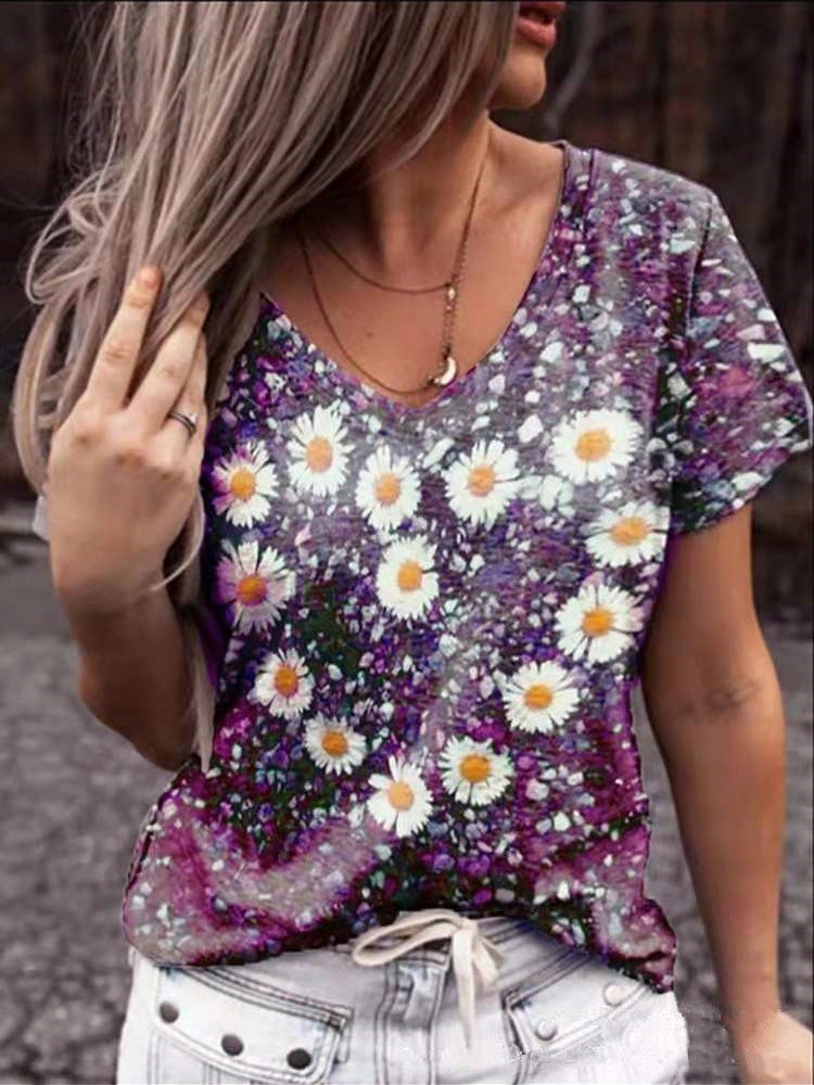 Women's T-Shirts Flower Heart Print V-Neck Short Sleeve T-Shirt