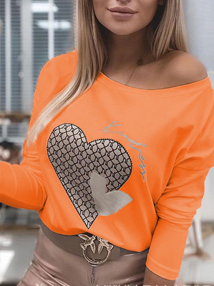Women's T-Shirts Off Shoulder Heart Print Long Sleeve T-Shirt
