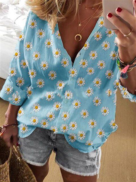Women's Blouses Loose Floral Single Breasted Long Sleeve Blouse