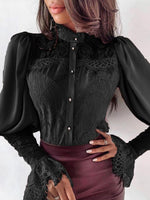 Women's Blouses Lace Panel Stand Collar Flare Sleeves Blouse