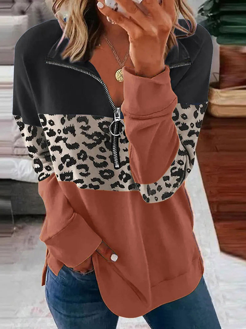 Women's T-Shirts Leopard Splicing Zipper Long Sleeve T-Shirt